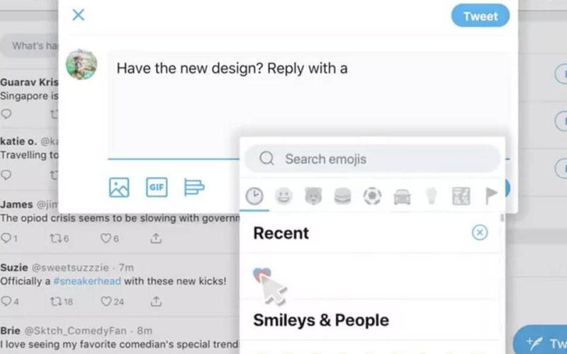 Twitter con nueva interfaz web que incluye un botón emoji